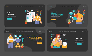 Conversion Rate Optimization set. Experts analyzing website performance. A B testing, sales funnel, lead generation. User engagement strategies. Flat vector illustration