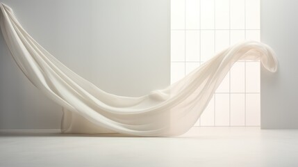  a white curtain blowing in the wind in front of a white tiled wall with a white tiled wall behind it and a white tiled wall with a window behind it.