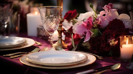 a table set for an event party or wedding reception, arranged place settings with elegant tableware, fresh flowers, inviting guests to indulge in a dining experience.