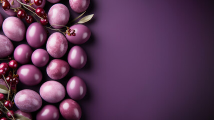 Easter web banner with violet eggs on a dark background top view, copyspace for text