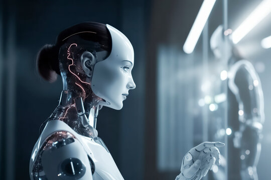 robot with white face, pointing at another robot in a futuristic setting, ai generative