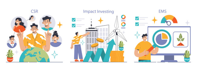 Corporate sustainability set. Professionals discussing CSR, innovative green financing, effective EMS systems. Involvement, environmental focus, growth indicators. Flat vector illustration - obrazy, fototapety, plakaty