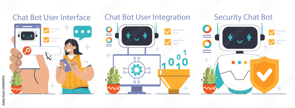 Poster chat bot collection. woman interacts with mobile interface, system integration in background, securi
