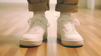 Gros plan sur les pieds d'une personne portant des baskets, des tennis blanches. Environnement, sport, chaussure, mode. Pour conception et création graphique.