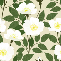 White brier flowers with leaves on a beige background. White rosehip flowers on a beige background. Seamless vector pattern.	
