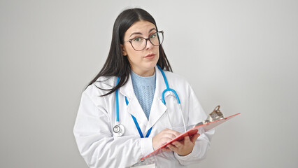 Young hispanic woman doctor reading clipboard over isolated white background