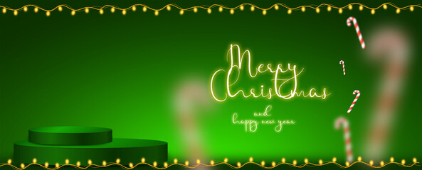 Fototapeta na wymiar Green beautiful christmas banner, golden garlands, green podium. Illustration with copy space, congratulatory text with golden neon letters, bright horizontal banner