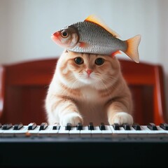 Cats playing piano in the most funny way - obrazy, fototapety, plakaty
