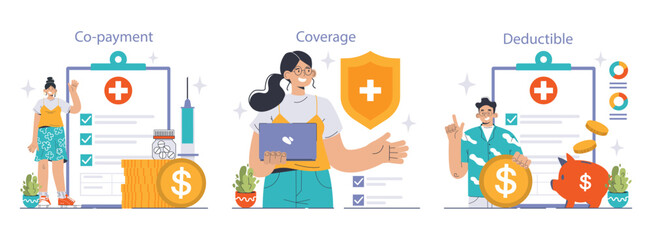 Healthcare insurance explained through engaging visuals of co-payment, coverage, and deductible themes, featuring characters interacting with financial elements. Flat vector illustration - obrazy, fototapety, plakaty
