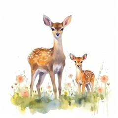 Watercolor illustration showcasing a family of deer in a garden adorned with colorful flowers. The adult deer and fawn are enjoying playful moments surrounded by vibrant blossoms.