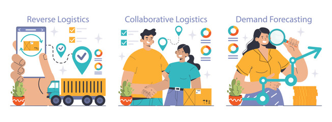 Logistics solutions set. Innovative strategies in reverse logistics, team collaboration for supply chain efficiency, and advanced demand forecasting. Streamlining business operations. Flat vector