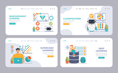 Machine Learning Set. Educational journey through AI, featuring supervised, unsupervised, and reinforcement learning. Interactive neural networks and algorithm visualization. Flat vector illustration - obrazy, fototapety, plakaty