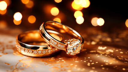 Gold wedding rings with diamonds on a gold background, wedding concept