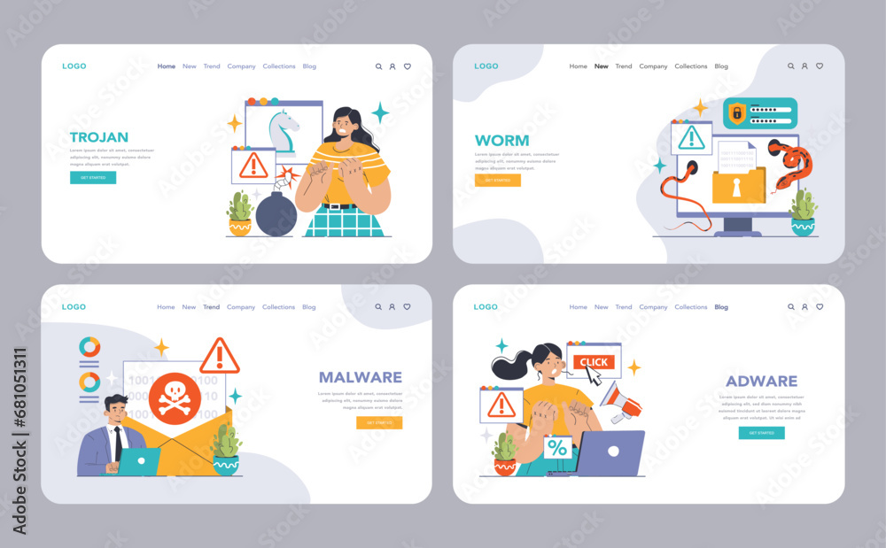 Poster cybersecurity web or landing set. protecting data from threats. users confronting malware types: vir
