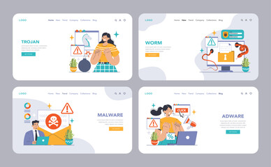 Obraz na płótnie Canvas Cybersecurity web or landing set. Protecting data from threats. Users confronting malware types: virus, ransomware, spyware. Adware dangers, botnet traps, worm intrusions. Flat vector illustration