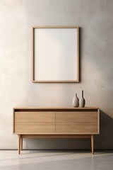 Minimalistic wooden cabinet and dresser set against a raw concrete wall, the blank mock-up poster frame waiting for your creative touch.
