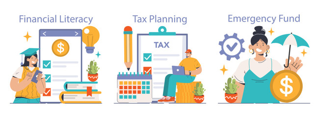 Personal Finance Essentials set. Young adults navigate savings, tax deadlines, and emergency funds. Financial education, timely tax filing, and secure savings. Flat vector illustration - obrazy, fototapety, plakaty