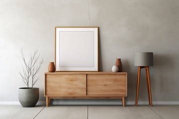 Picture a Scandinavian home interior with a wooden cabinet and dresser against a concrete backdrop. A vacant mock-up poster frame on the wall invites you to unleash your creativity, 