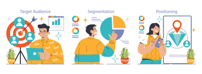 Marketing strategy set. Professionals analyze target audience, explore segmentation, and determine brand positioning. Reaching niche market goals. Flat vector illustration