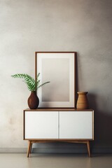 Wooden cabinet and dresser against a concrete wall, with an empty blank mock-up poster frame showcasing Scandinavian home interior design in a modern living room.