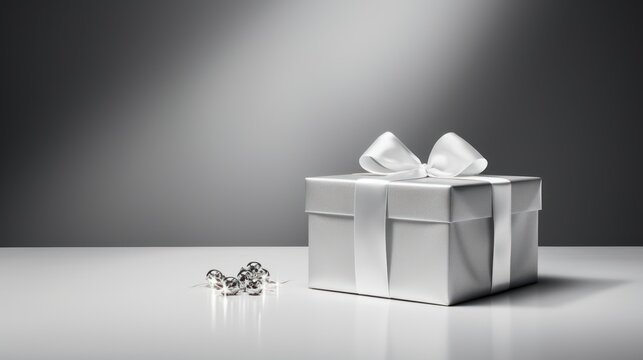  a silver gift box with a pair of studs in front of it and a white bow on the top of the box with a pair of studs in front of the box.