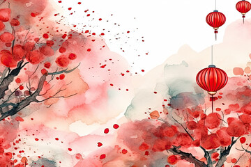 Chinese New Year Watercolor Background Vector beautiful delicate pattern and invitations, AI Generated