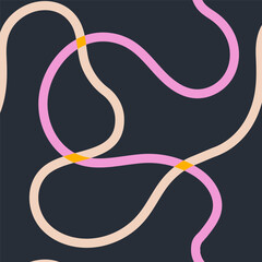 Naive seamless squiggle pattern with bright pink and beige wavy lines on a dark background. Creative abstract squiggle style drawing background.