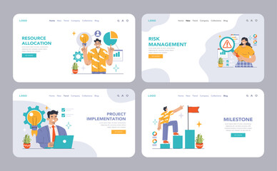 Fototapeta premium Project Management set. Detailed stages of execution from scope to milestone achievement. Efficient team, budget control, timelines, and quality checks. Flat vector illustration