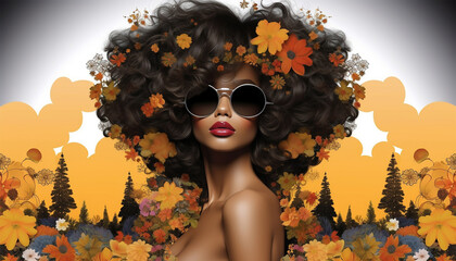 Afro African American woman with flowers in hair. Abstract woman portrait. American black skin girl with flower. Fashion illustration. Trendy modern minimalist design for wall art, postcards,  - obrazy, fototapety, plakaty