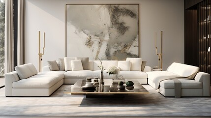 A contemporary living room with high-end furniture and modern art. A designer sofa and artistic coffee table are surrounded by abstract sculptures and paintings. 