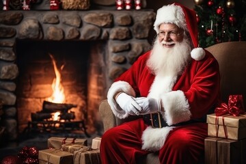Fototapeta na wymiar Santa Claus with Christmas Gifts Pile, Saint Nicholas Sitting by the Fireplace, Xmas Presents