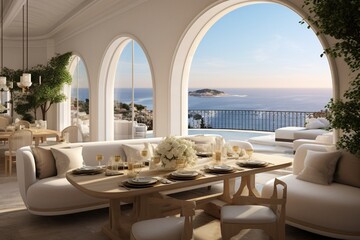 A contemporary Mediterranean dining area with a high arched ceiling and floor-to-ceiling windows...