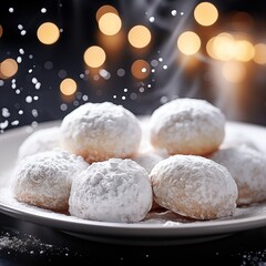 Fototapeta na wymiar Kourabiedes, Butter cookies made with almonds and dusted with powdered sugar