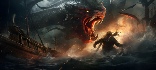 pirate fights with sea monsters in a storm, ai generative