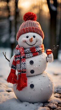 Funny snowman with a warm hat with a scarf in the snow. Vertical image of a beautiful snowman ,Christmas background,generative AI. 