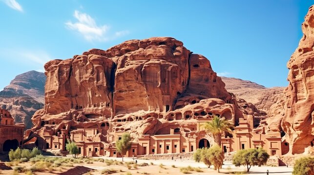 Highlight of Petra, the amazing Ad Deir, The Monastery with blue sky and rocks