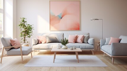 Fototapeta na wymiar A Scandinavian-inspired living room with light wood floors, a comfortable grey sofa, and pops of pastel colors in the decor. 