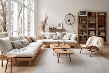 A Scandinavian-inspired living room with clean lines, wooden accents, and cozy textiles