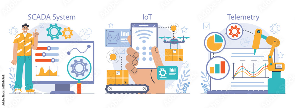 Poster robotic manufacture set. automated systems or ai working for manufacturing process. industrial robot