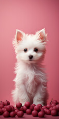 A cute white dog is standing on a pink background. AI generative