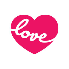 Vector icon of a red heart with a white inscription Love. Isolated on blue background. 