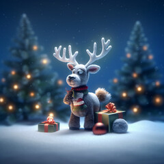 A cute 3D reindeer next to Christmas gifts on a snowy hill. Free space to add text