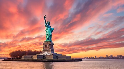 Fototapeta premium The United States close up flag on a grunge backdrop statue of liberty, ideal as a background for 4th of July celebrations.