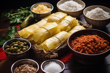  Deliciosos tamales envueltos en hojas de maíz con guarnicion de arroz y especias - obrazy, fototapety, plakaty