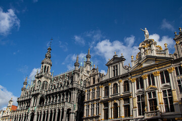 La Grand-Place in Brussels dating from the late 17th century. The buildings surrounding the square include opulent Baroque guildhalls of the former Guilds of Brussels, the city's Flamboyant Town Hall