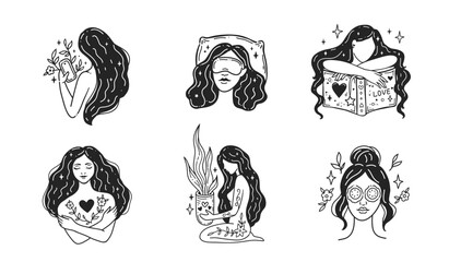 Set Self care, love yourself, mindful. Feminine vector Illustrations. Mental Healthcare. Meditation and relaxation for health. Doodle cute style