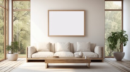 An empty white frame on a wall in a minimalist living room with a beige couch, a wooden coffee table, and a large window. - obrazy, fototapety, plakaty