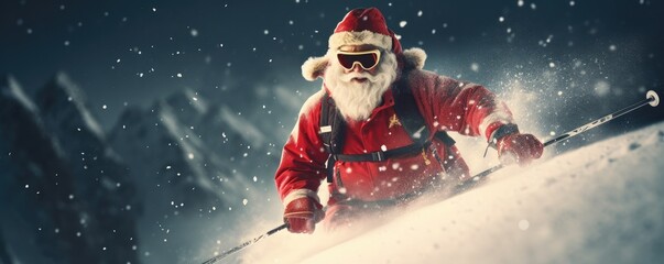 Naklejka premium Santa Claus is skiing for fast delivery christmas presents, panorama. Generative Ai.