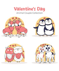 Valentine's Day Animal Couple Collection Of Dog Penguin Owl And Fox