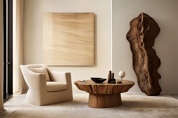 An inviting modern living room, graced by a fabric lounge chair and wood stump side table against a...